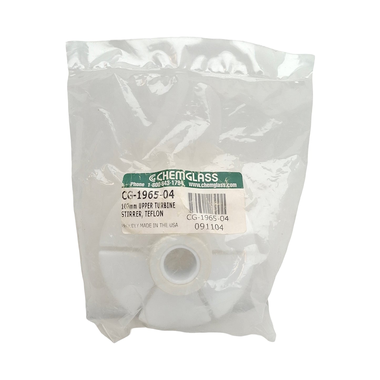 New Chemglass CG-1965-04 PTFE Upper Stirrer Turbine, ø100mm OD, 19mm Shaft, 13/64in