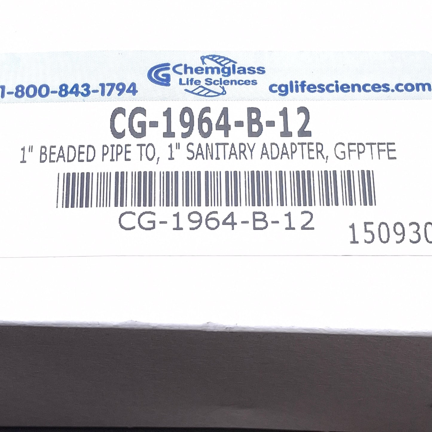 New Chemglass CG-1964-B-12 Breaded Pipe to Sanitary Adapter 1" Tri Clamp, 2" Length