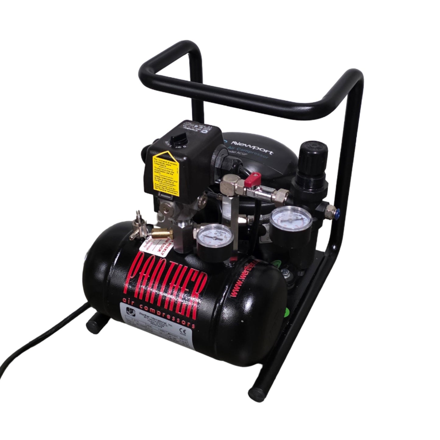 Used Newport ACGP Low Noise Oil Lubricated Air Compressor 3.5 Liter, 120psi, 110VAC