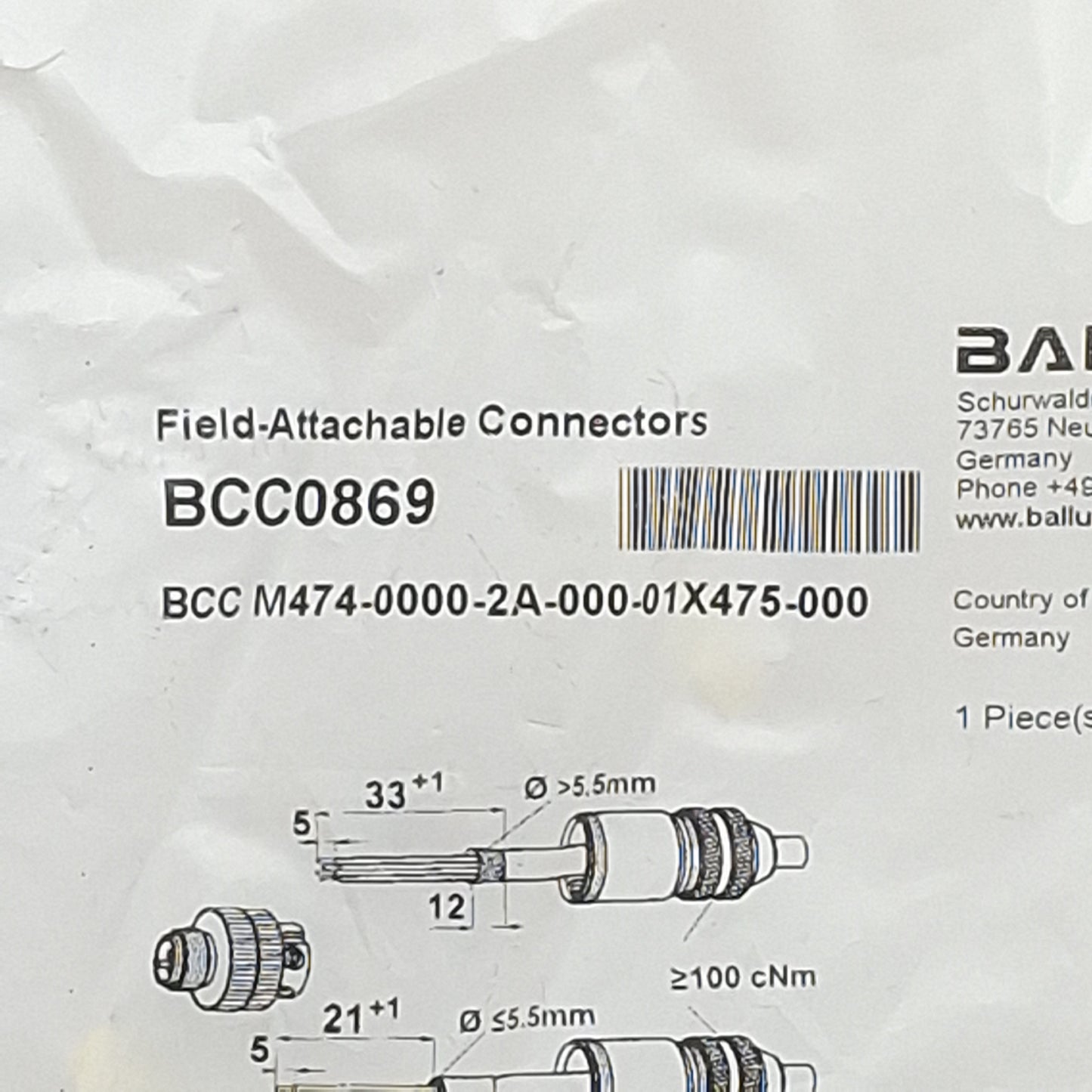 New Balluff BCC0869 Field Attachable Connector, 4-Pin M12 Male, ø8mm D, 4A 250VAC/DC