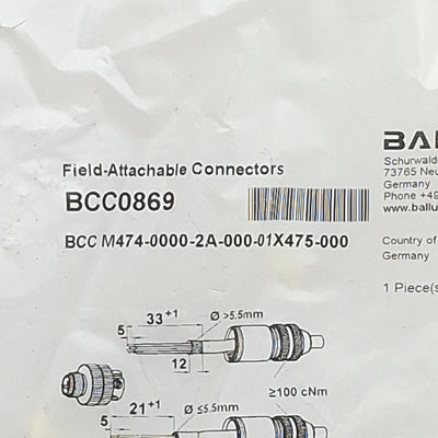 New Balluff BCC0869 Field Attachable Connector, 4-Pin M12 Male, ø8mm D, 4A 250VAC/DC
