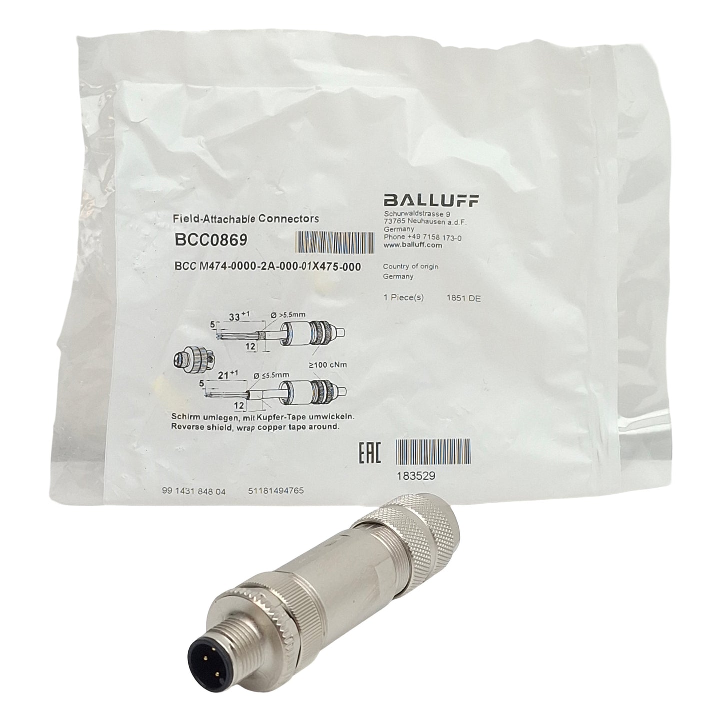 New Balluff BCC0869 Field Attachable Connector, 4-Pin M12 Male, ø8mm D, 4A 250VAC/DC