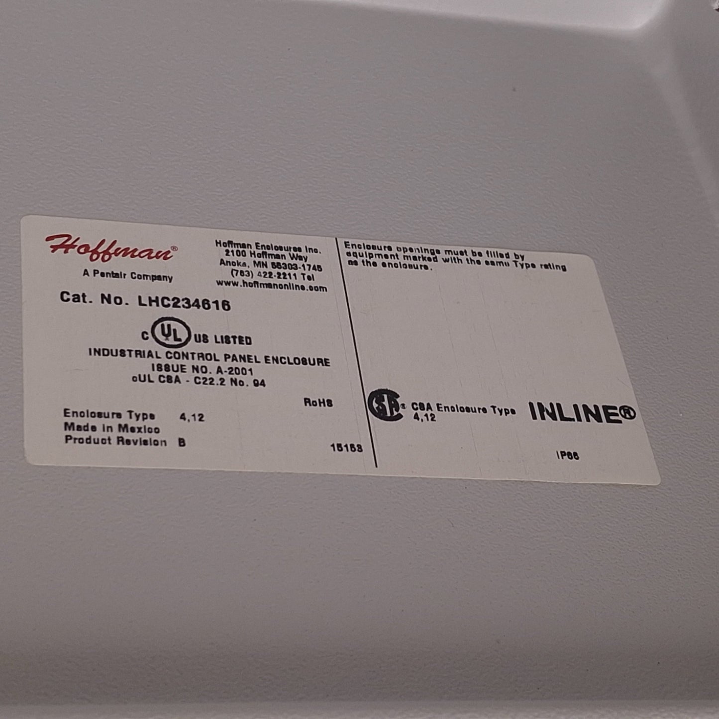 New – Open box nVent Hoffman LHC234616 InLine Landscape Enclosure, 230 x 460 x 155mm, Steel