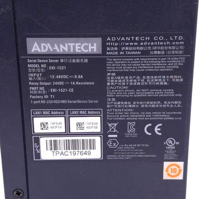 Used Advantech EKI-1521-CE Serial Device Server, 2-Port Ethernet, 1-Port Serial
