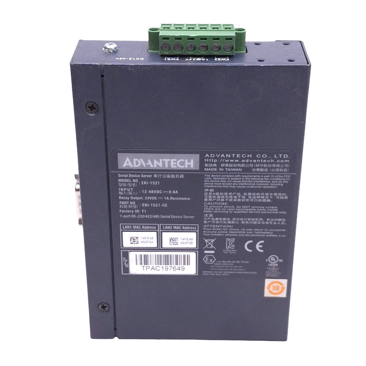 Used Advantech EKI-1521-CE Serial Device Server, 2-Port Ethernet, 1-Port Serial