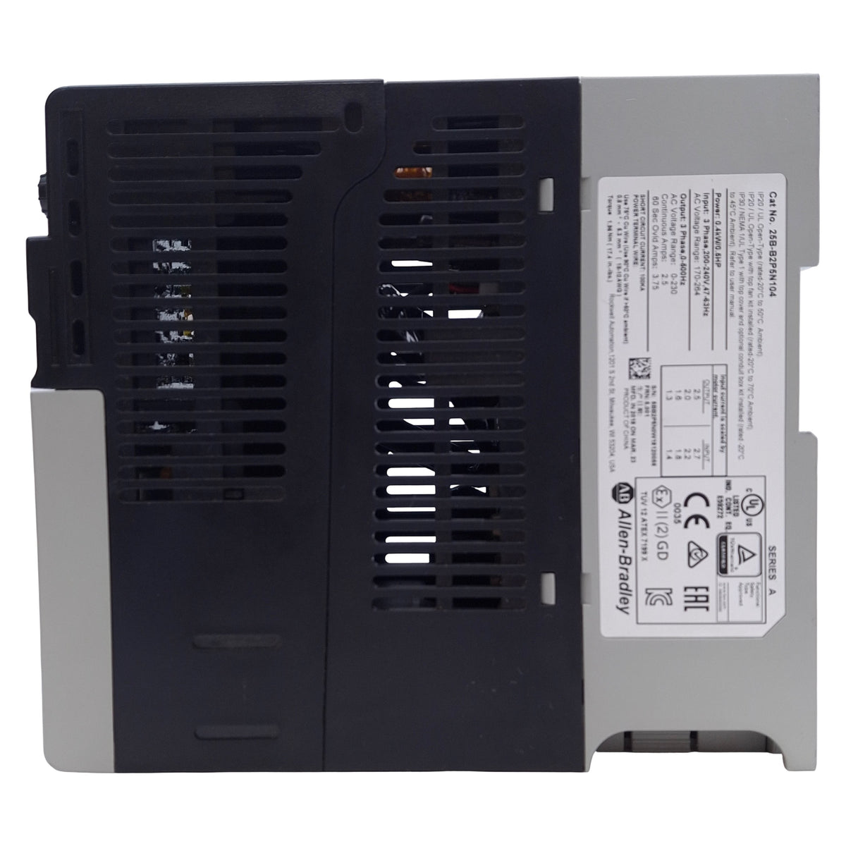 Used Allen Bradley 25B-B2P5N104 Powerflex 525 AC Drive 0.4kW/0.5HP, 170-264VAC Input