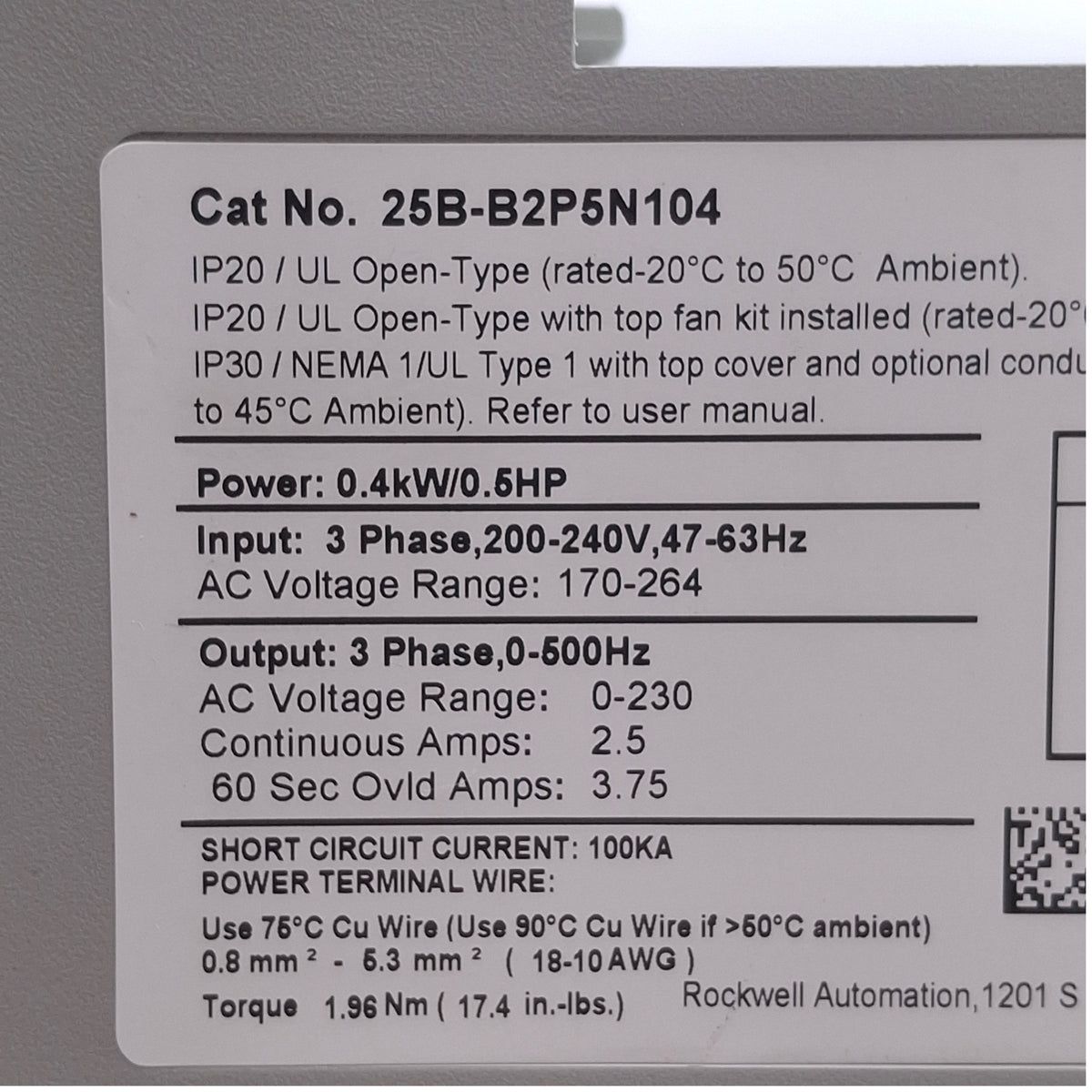 Used Allen Bradley 25B-B2P5N104 Powerflex 525 AC Drive 0.4kW/0.5HP, 170-264VAC Input