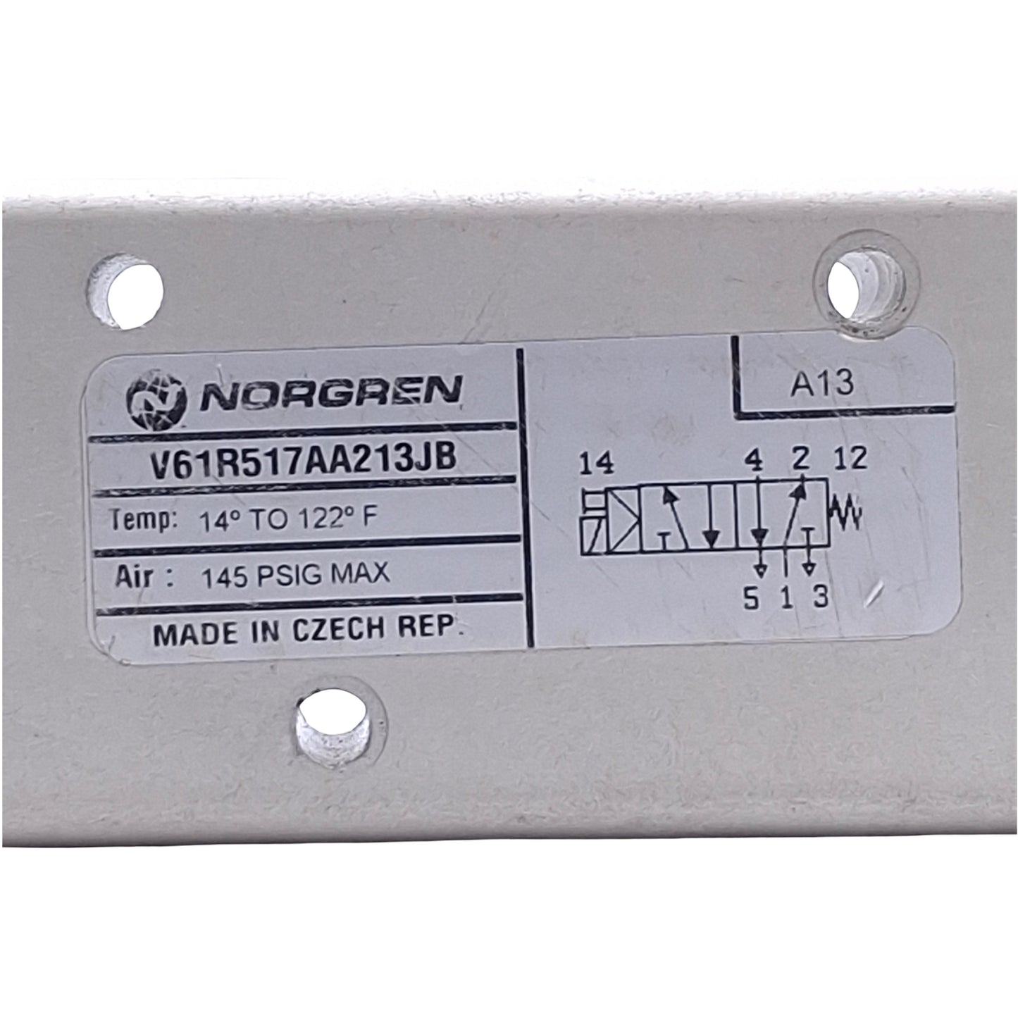 Used Norgren V61R517AA213JB Solenoid Valve, 1/4in NPT, 5/2-Way, 145psi, 24VDC Coil