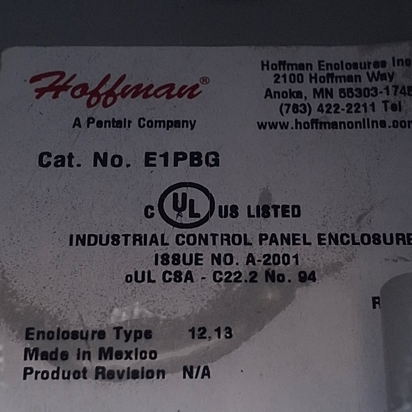 Used Hoffman E1PBG Enclosure with Illuminated E-Stop Maintained 1NO + 2NC, 24VAC/DC