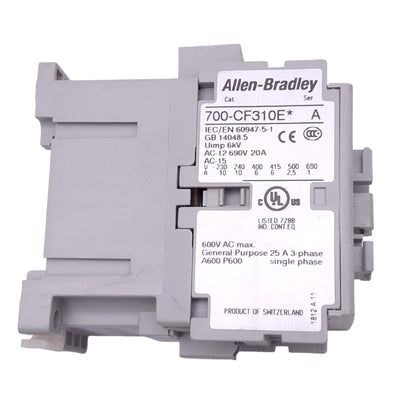 Used Allen Bradley 700-CF310EJ Contactor, 3NO 1NC, 690VAC 10A Max, 24VDC Coil