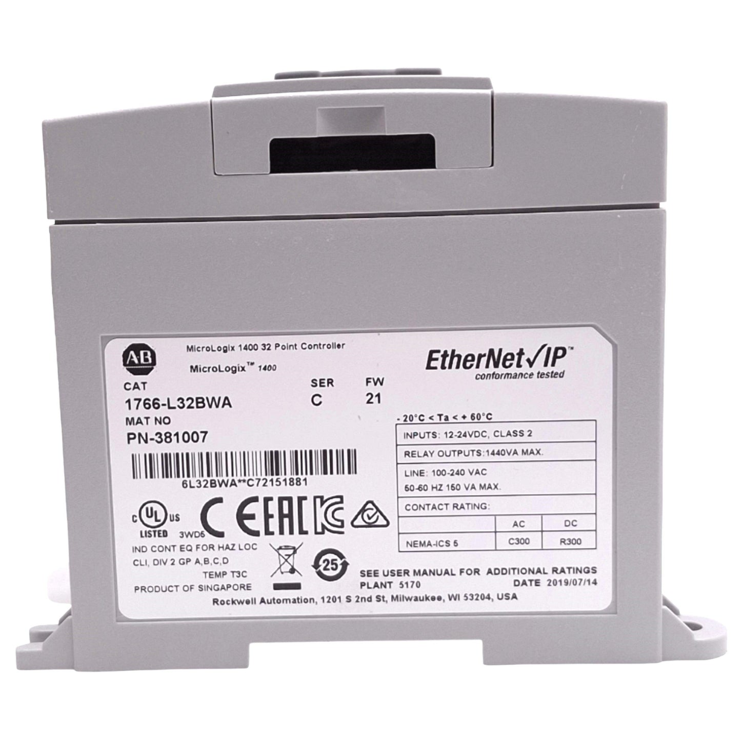 Used Allen Bradley 1766-L32BWA MicroLogix 1400 Controller, 32-Point, 1440VA Max
