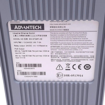 Used Advantech EKI-5729PI-AE Ethernet Switch, 10-Channel, Gigabit PoE, 12-24VDC