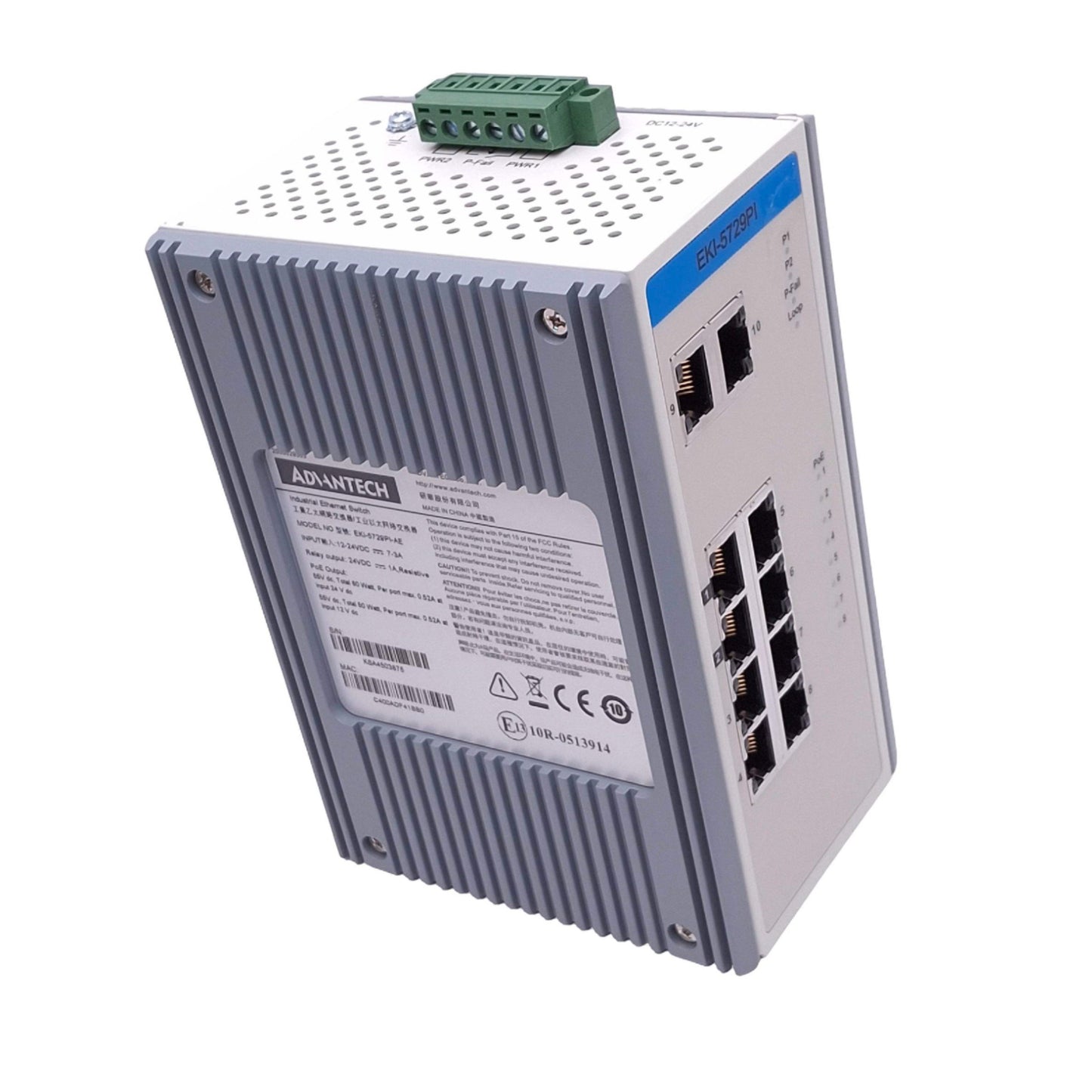 Used Advantech EKI-5729PI-AE Ethernet Switch, 10-Channel, Gigabit PoE, 12-24VDC