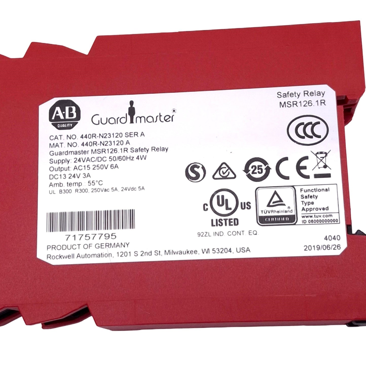 Used Allen Bradley 440R-N23120 MSR126.1R Safety Relay, 2NO, 6A Max, 24VAC/DC Coil