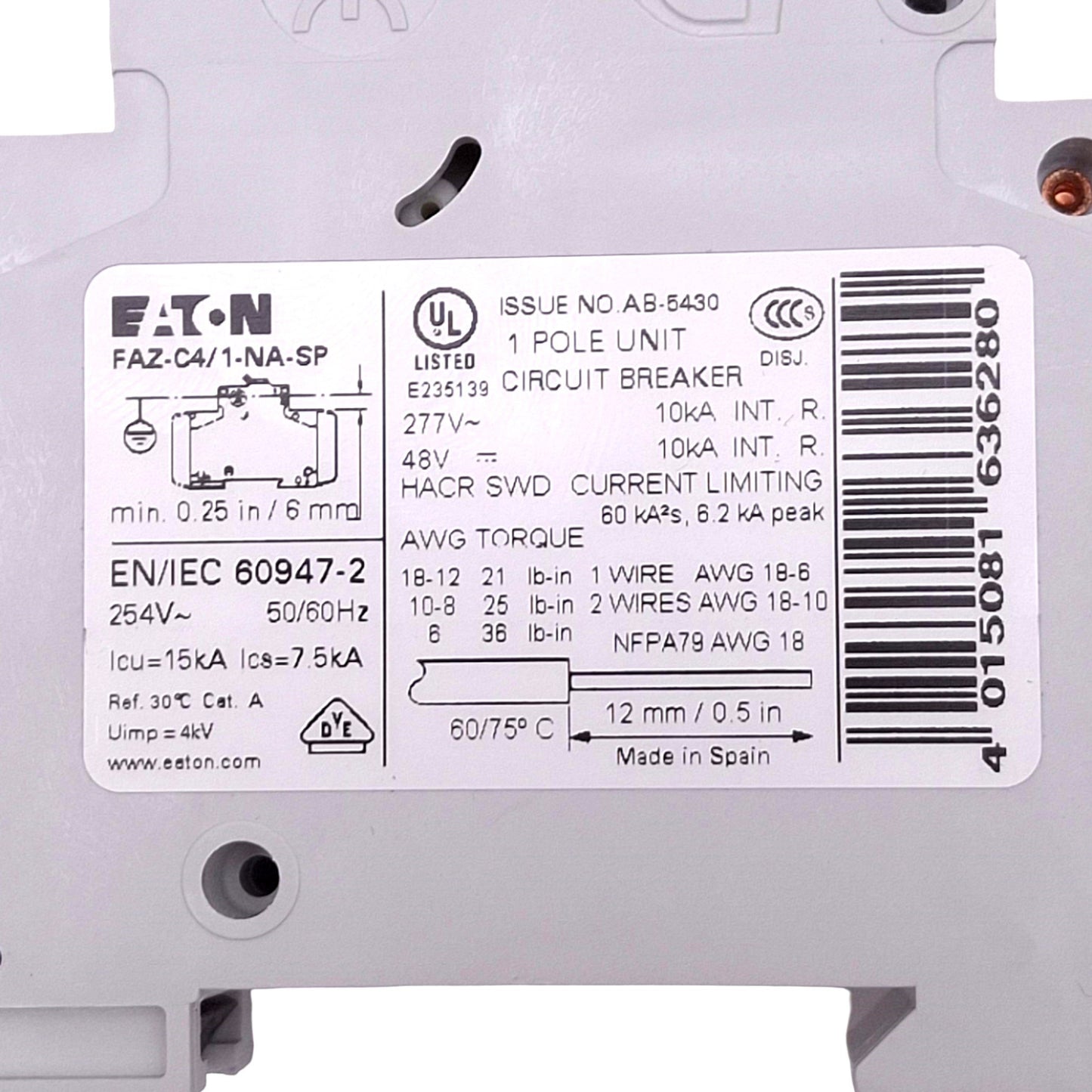 Used Eaton FAZ-C4/1-NA-SP Circuit Breaker, 1-Pole 4A, 277VAC 48VDC Max, DIN Rail