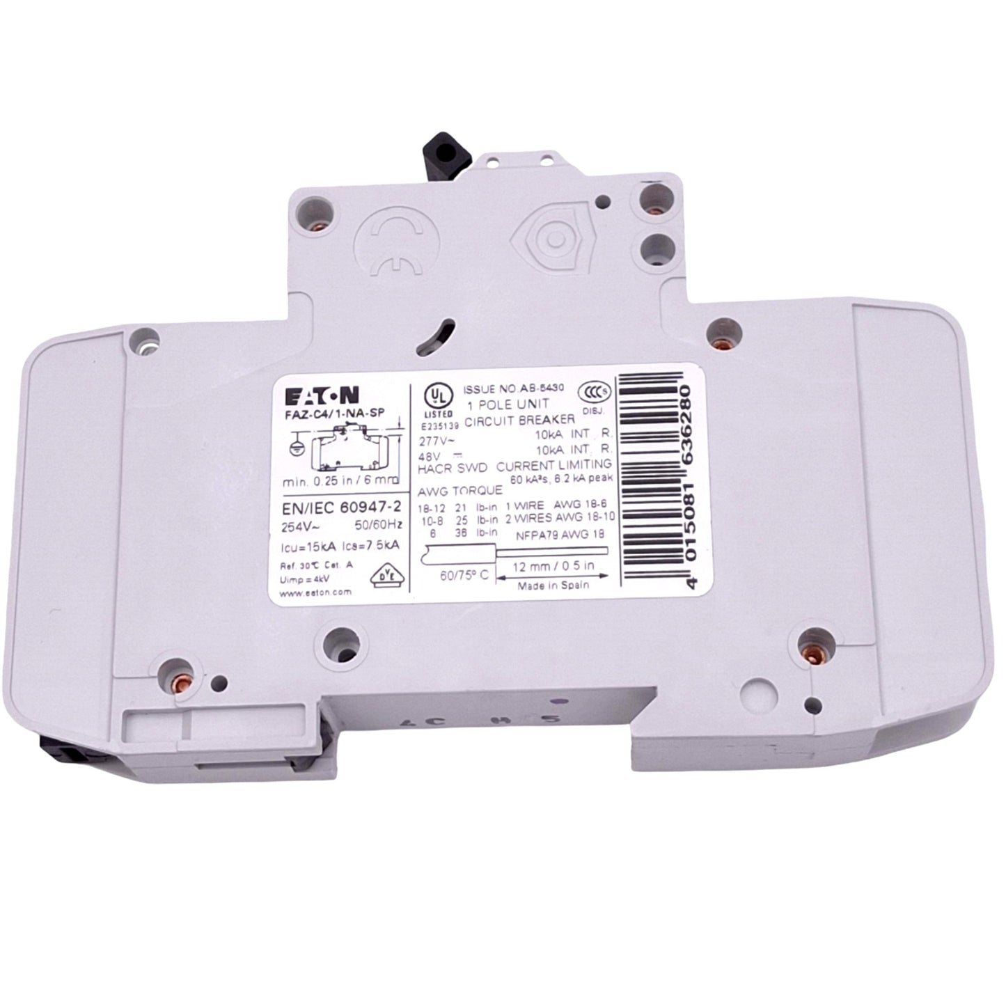 Used Eaton FAZ-C4/1-NA-SP Circuit Breaker, 1-Pole 4A, 277VAC 48VDC Max, DIN Rail