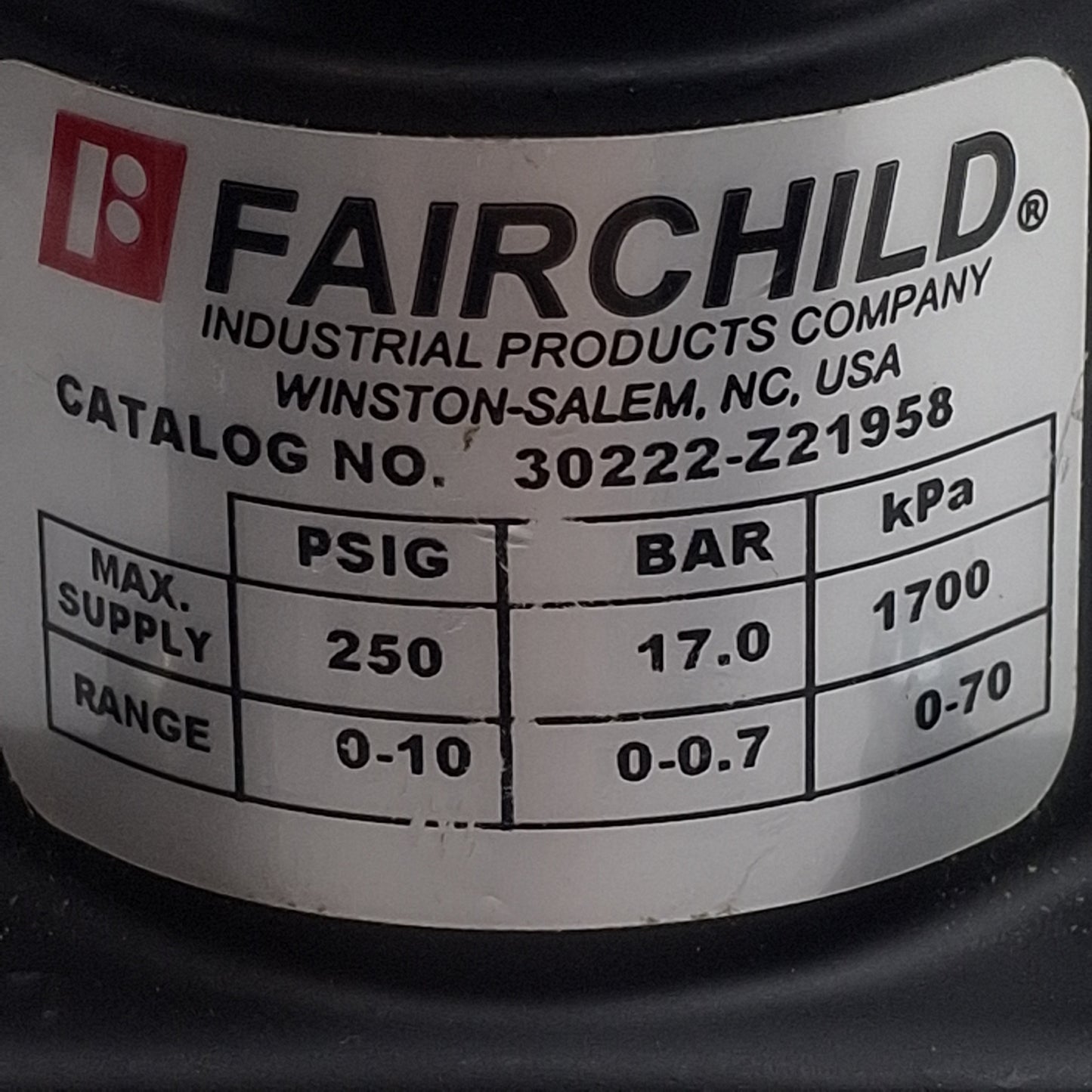 Used Fairchild 30222-Z21958 Pressure Regulator, 0-10psig Range 250psig Max, 1/4in NPT