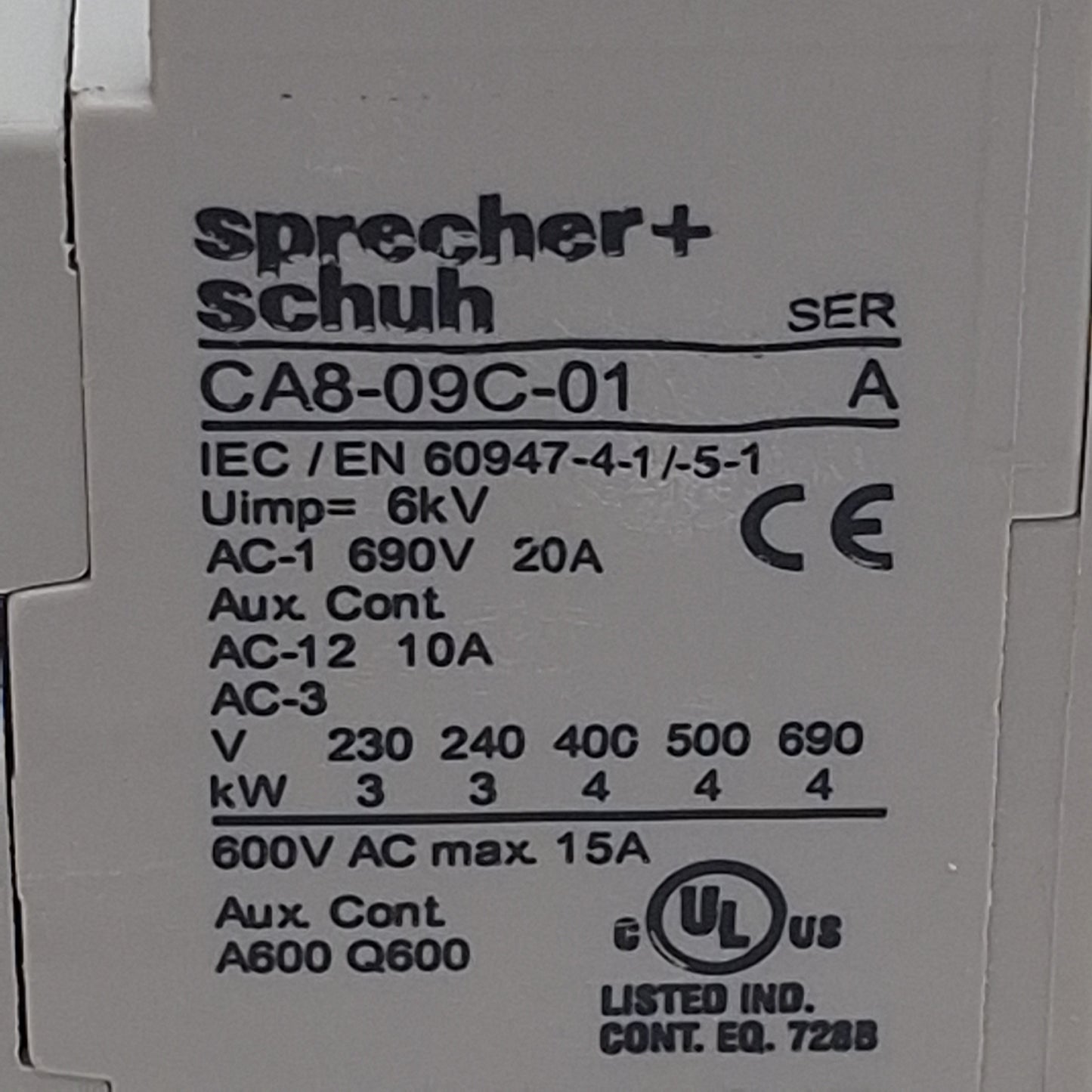 Used Sprecher+Schuh CA8-09C-01-24D Motor Controller, 1N.C, 20A 600VAC, 24VDC Coil