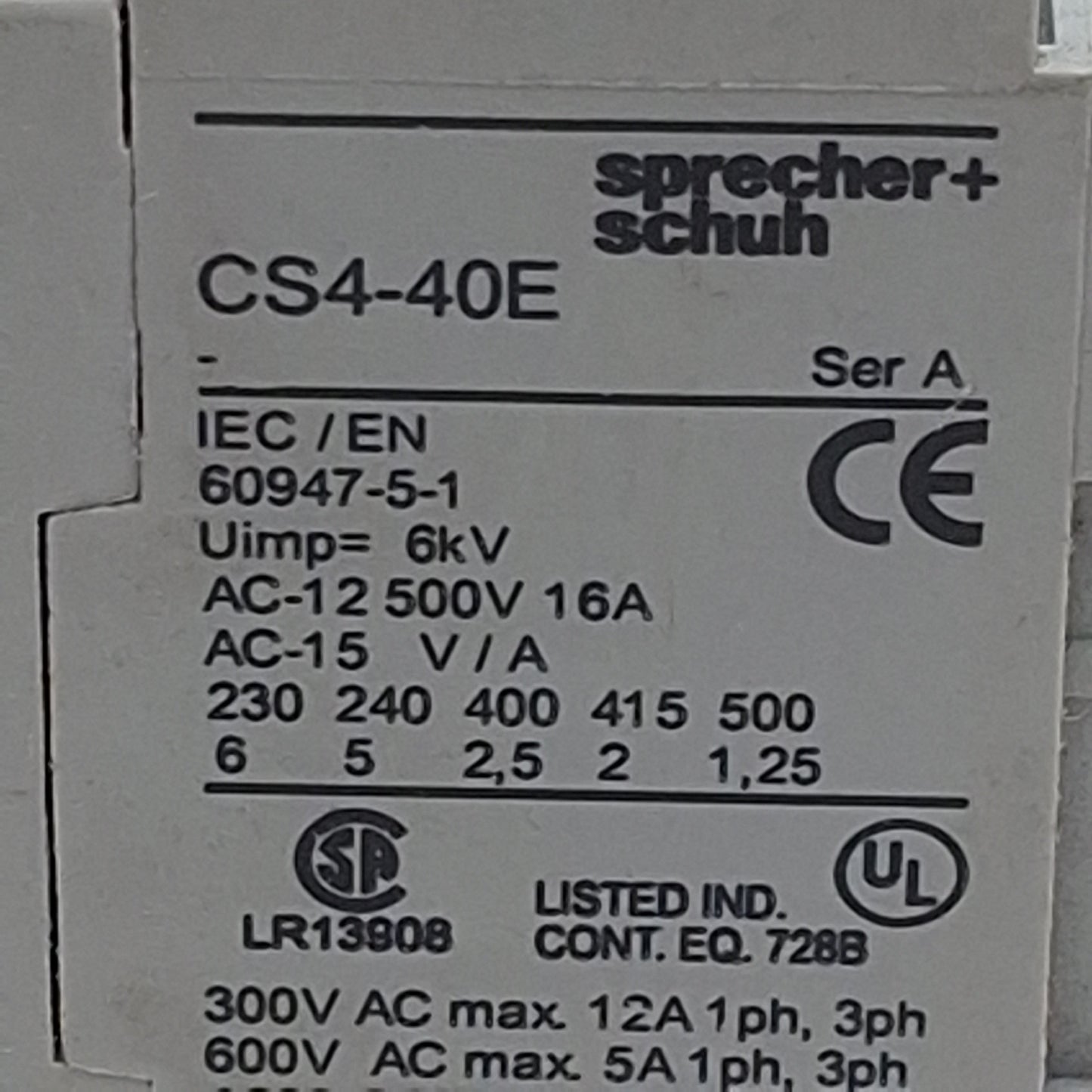 Used Sprecher+Schuh CS4-40E-24 Control Relay, 4N.O., 16A 500VAC, 24VAC Coil