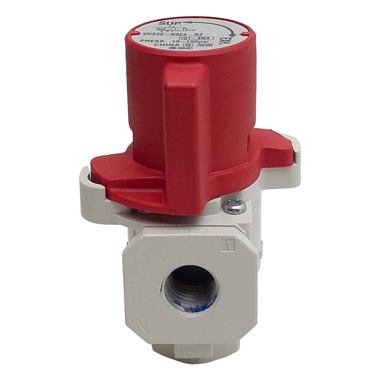Used SMC VHS30-N02A-RZ Action Relief Valve, 15-125psi, 1.7Cv, 1/4in NPT, 90° Turn