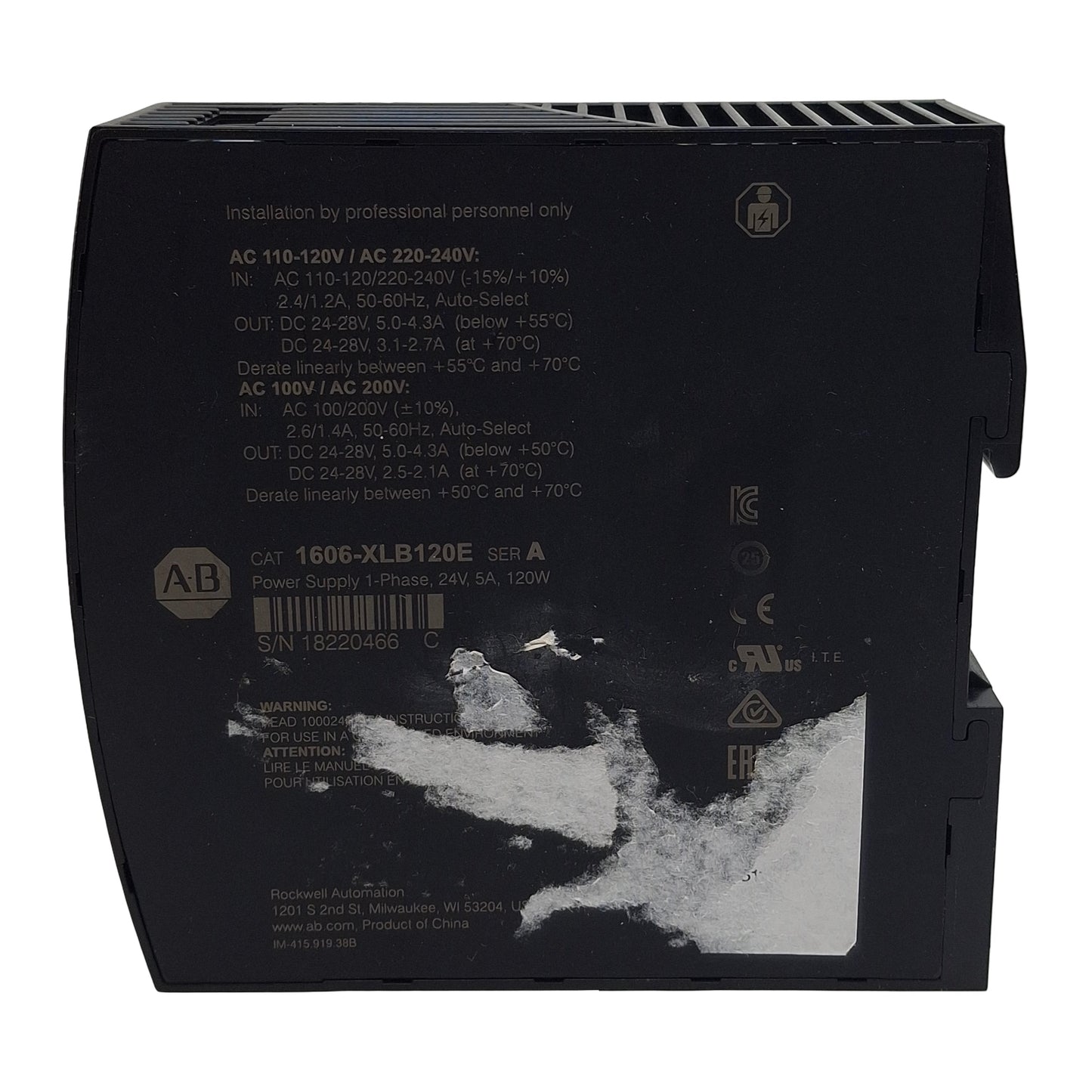 New Allen Bradley 1606-XLB120E Ser A Power Supply, 120/240VAC In, 5A 24VDC Out