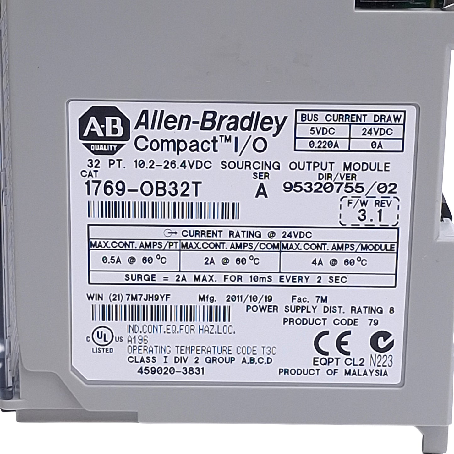 Used Allen Bradley 1769-OB32T Compact I/O PLC Output Module, 24VDC Sourcing, 32-Point