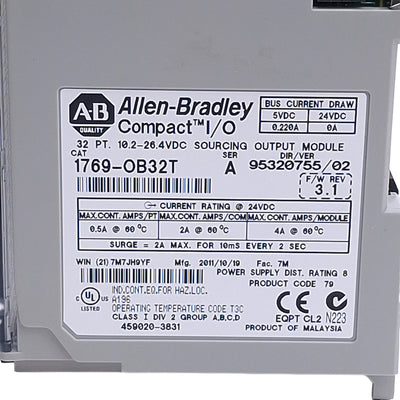Used Allen Bradley 1769-OB32T Compact I/O PLC Output Module, 24VDC Sourcing, 32-Point
