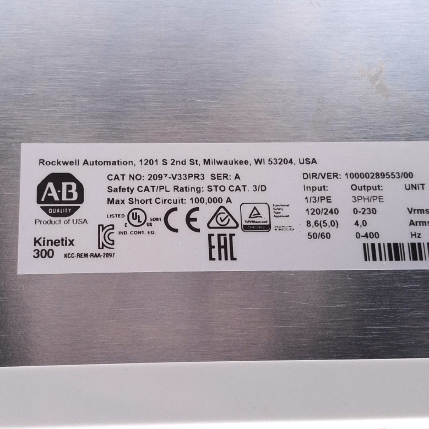 Used Allen Bradley 2097-V33PR3 Kinetix 300 Servo Drive, 3-Phase 0-230VAC 0-400Hz, 1kW