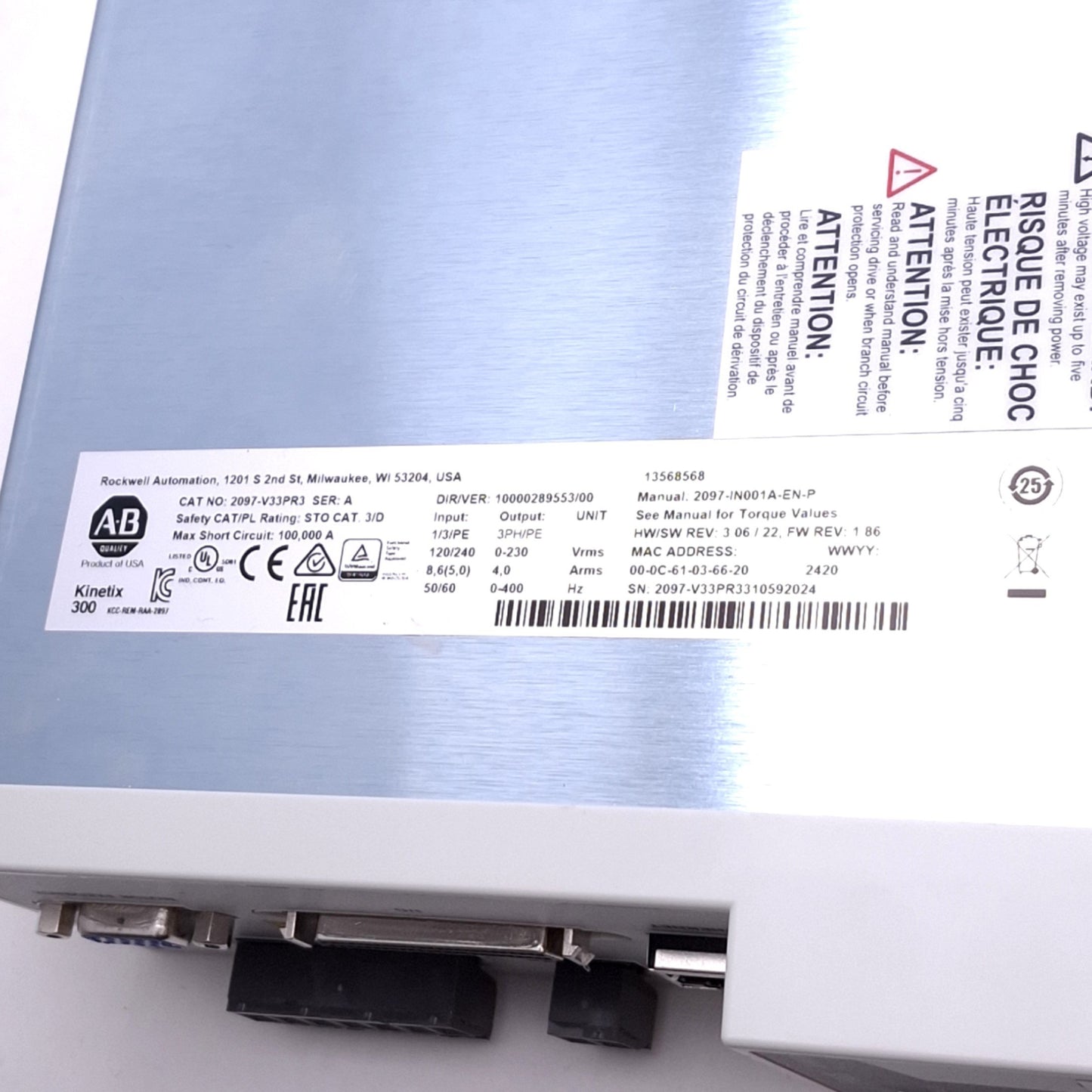 Used Allen Bradley 2097-V33PR3 Kinetix 300 Servo Drive, 3-Phase 0-230VAC 0-400Hz, 1kW