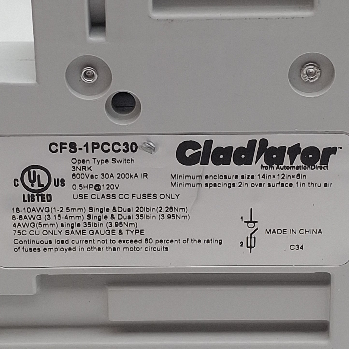 Used Gladiator CFS-1PCC30 Fusible Disconnect Switch, 1-Pole, 30A, 600VAC, Class CC