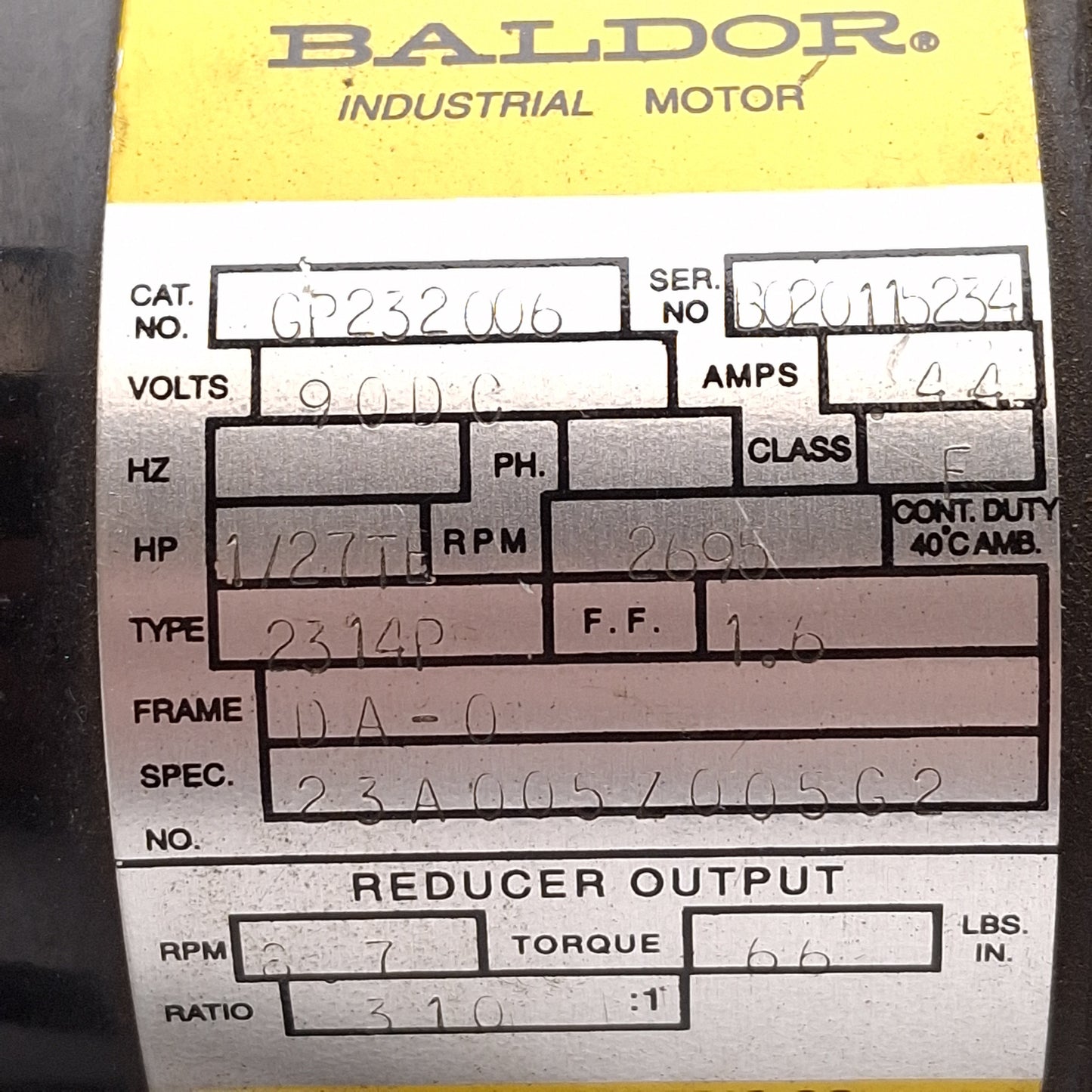 Used Baldor GP232006 DC Gearmotor, 310:1, 1/27HP 90VDC, 8.7rpm, 66lb-in, ø1/2in Shaft
