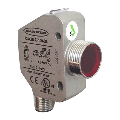 Used Banner Q4XTILAF100-Q8 Photoelectric Sensor, 100mm Range, 12-30VDC, 5-Pin M12