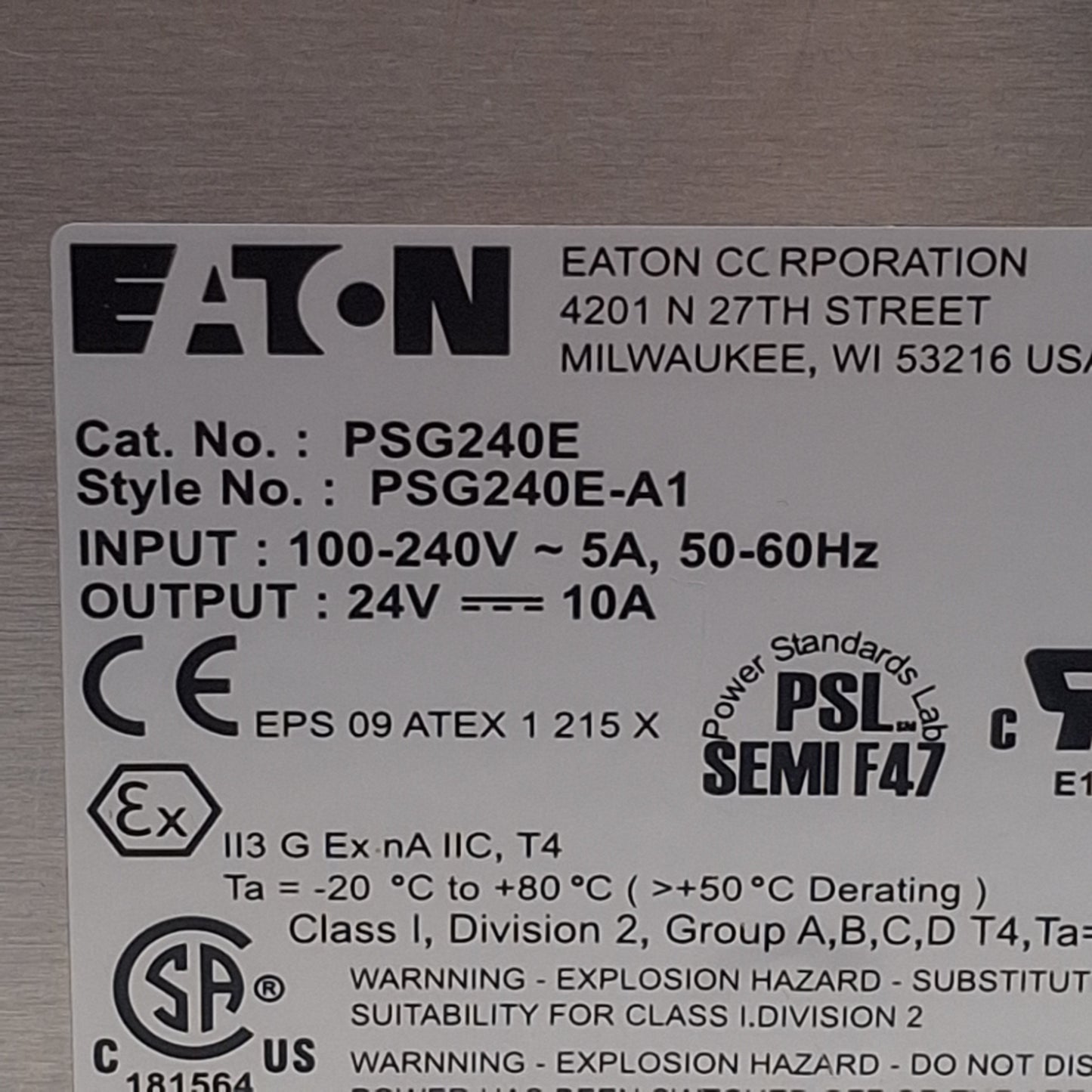 Used Eaton PSG240E Power Supply, 1-Phase, 100-240VAC In, 10A 24VDC 240W Out, DIN Rail