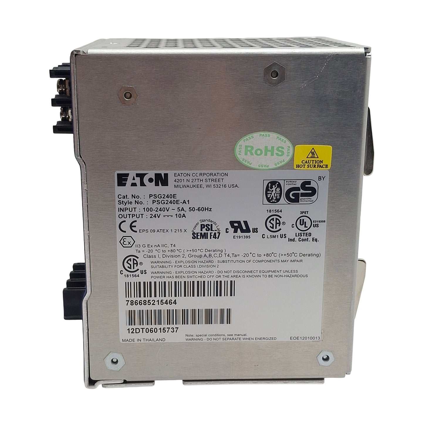 Used Eaton PSG240E Power Supply, 1-Phase, 100-240VAC In, 10A 24VDC 240W Out, DIN Rail
