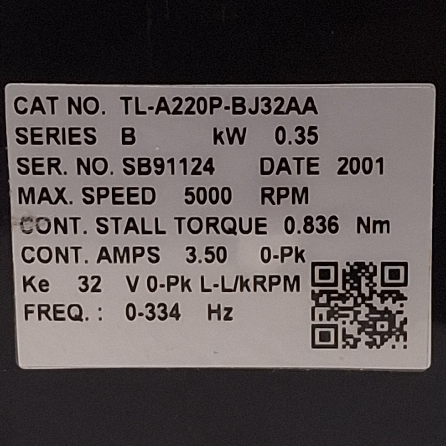 Used Allen Bradley TL-A220P-BJ32AA Knitex Servo Motor, 0.35kW, 3Ø 230VAC, 5000rpm