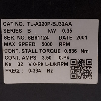 Used Allen Bradley TL-A220P-BJ32AA Knitex Servo Motor, 0.35kW, 3Ø 230VAC, 5000rpm