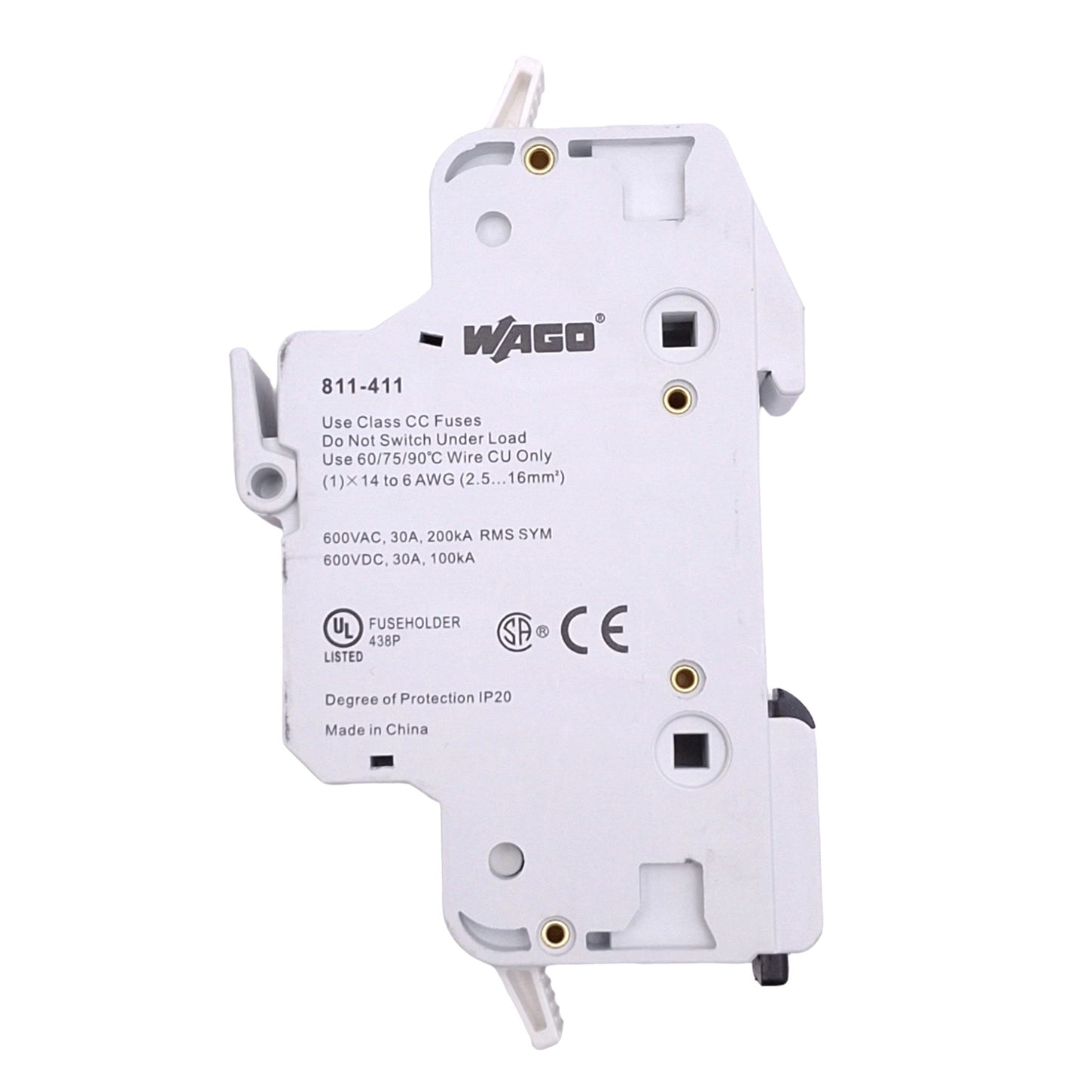 Used Wago 811-411 Fuse Holder, Class CC 1-Pole, 600VAC/DC 30A Max, DIN Rail