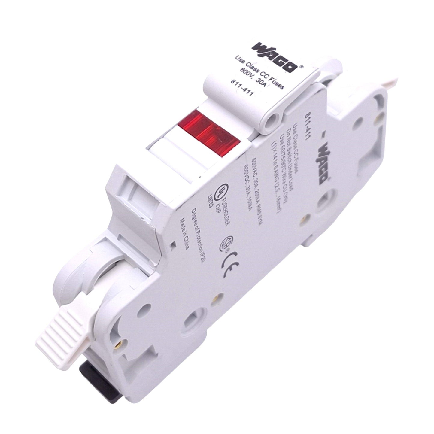 Used Wago 811-411 Fuse Holder, Class CC 1-Pole, 600VAC/DC 30A Max, DIN Rail