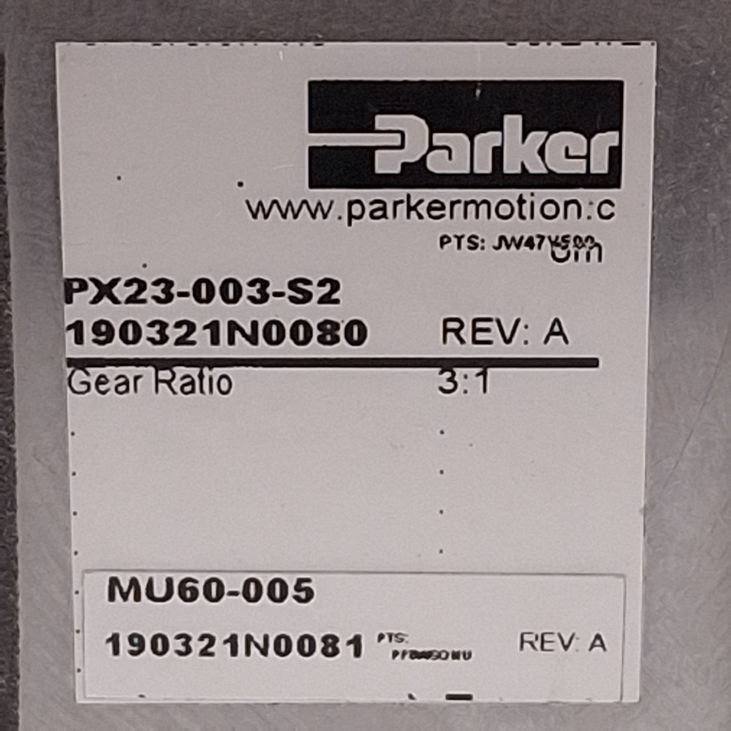 Used Parker PX23-003-S2 Gen II Stealth Gearhead, 3:1, ø3/8in Shaft, 177in-lb, NEMA 23