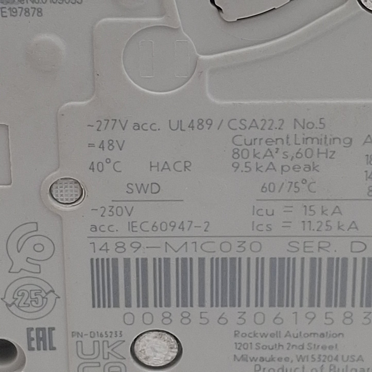 Used Allen Bradley 1489-M1C030 Circuit Breaker, 1-Pole, 3A 277VAC, DIN Rail