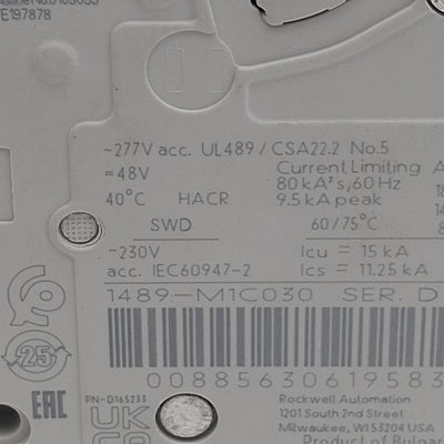 Used Allen Bradley 1489-M1C030 Circuit Breaker, 1-Pole, 3A 277VAC, DIN Rail