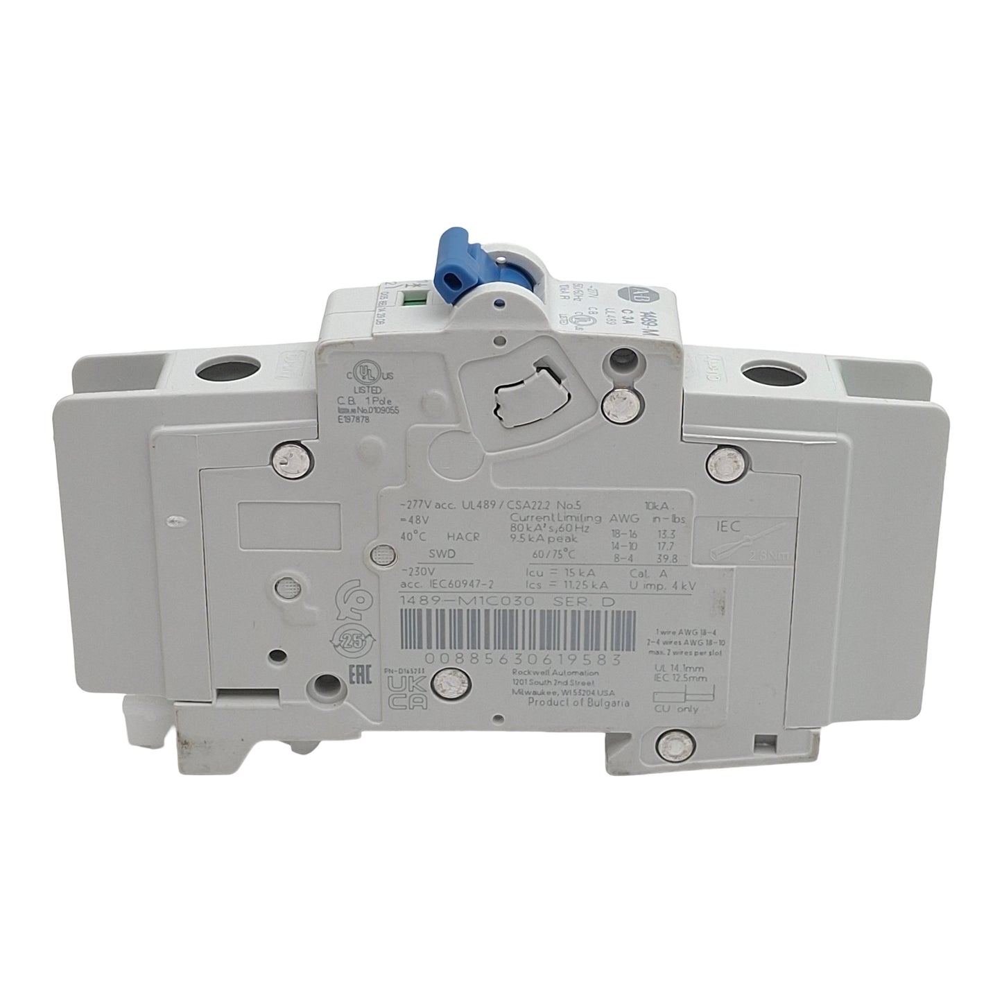 Used Allen Bradley 1489-M1C030 Circuit Breaker, 1-Pole, 3A 277VAC, DIN Rail