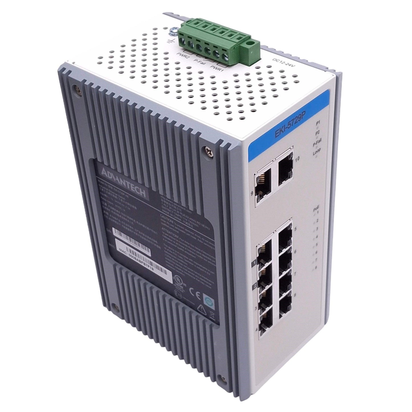 Used Advantech EKI-5729P-AE Ethernet Switch, 10-Channel, Gigabit PoE, 12-24VDC