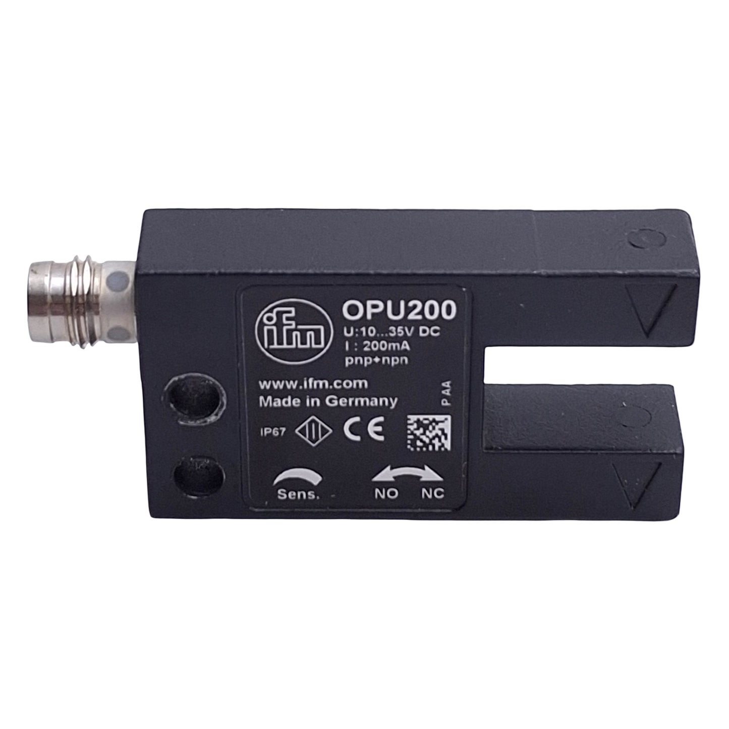 Used IFM OPU200 Photoelectric Fork Sensor, Infrared, 10-30VDC, PNP/NPN, 0.2mm Object