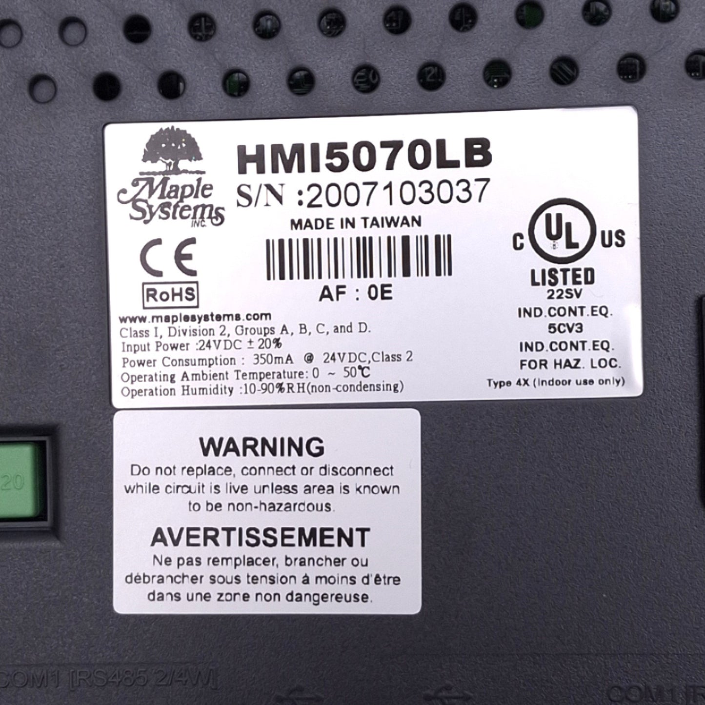 Used Maple Systems HMI5070LB Operator Interface, 7" LCD Touch Screen, 800x480, 24VDC
