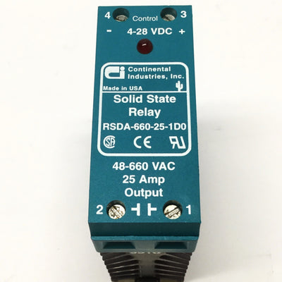 Used Continental RSDA-660-25-1D0 Solid State Relay, 3.5-28VDC Control, 660VAC 25A Out
