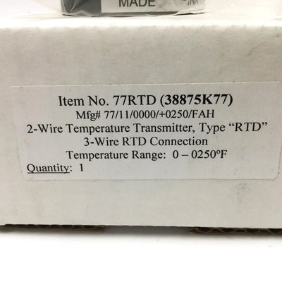 New – Open box Jenco 77/11/0000/+0250/FAH Temperature Transmitter, 3-Wire RTD, 0-250°F, 4-20mA