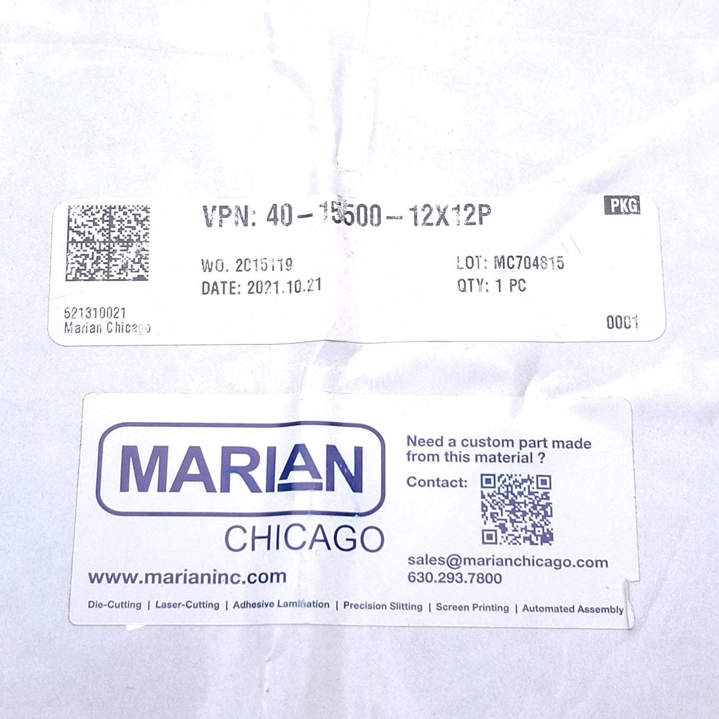 New – Open box Marian Chicago 40-15500-12X12P Adhesive Backed Foam Sheet, 12in x 12in 0.5in