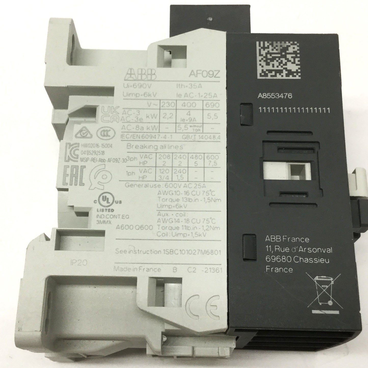 New – Open box ABB AF09ZB-30-10-21 Contactor, 3-Pole + 1NO, 24-60V AC/DC Coil, 600VAC 25A