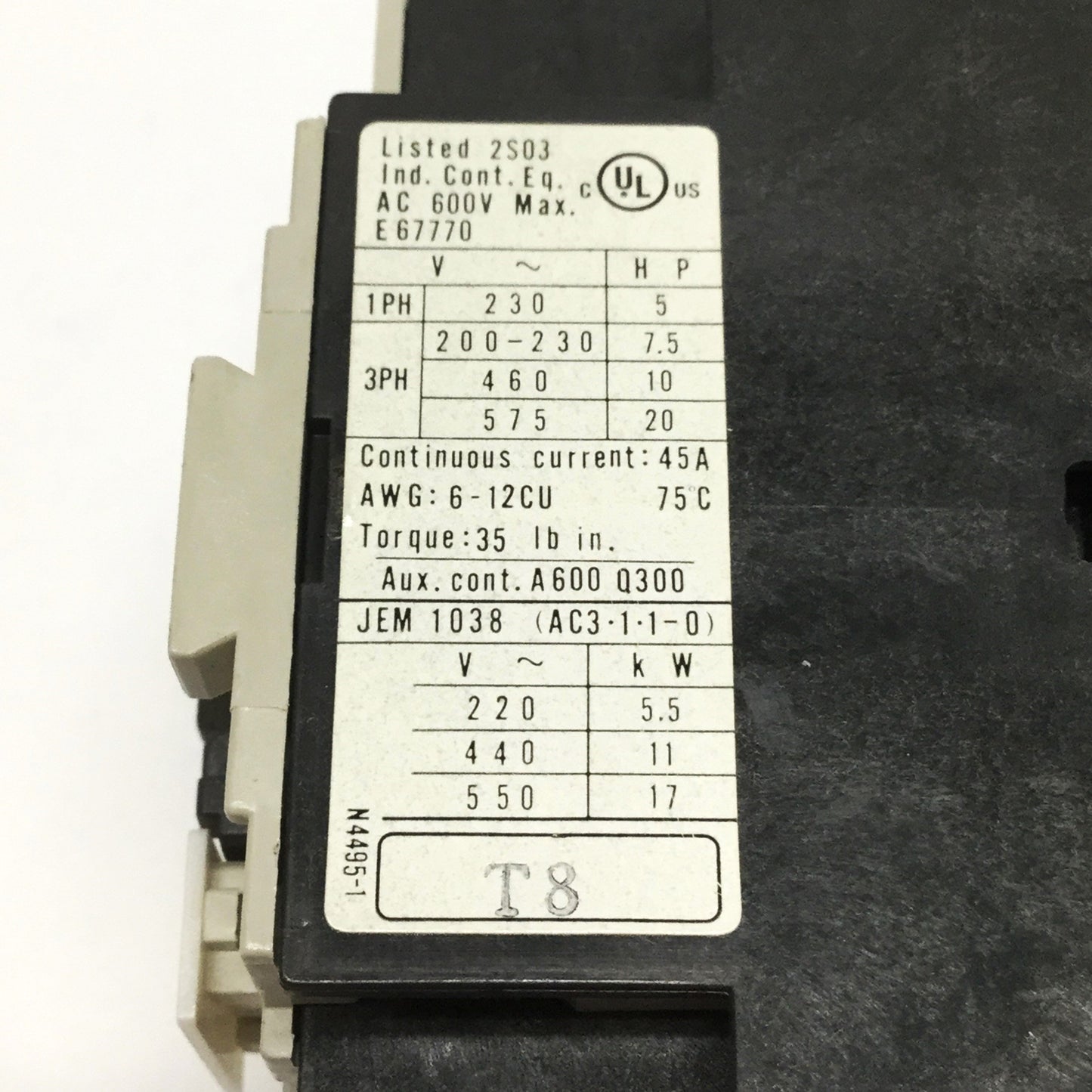 Used Idec YS1N-32F IEC Contactor, 3-Pole+1NO-1NC, 120VAC 50/60Hz Coil, 600VAC 45A